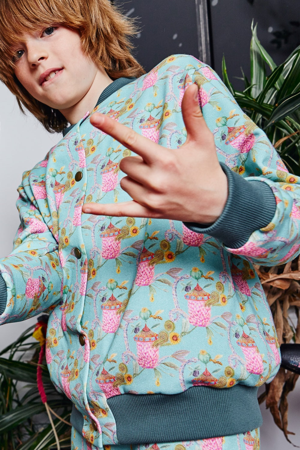 Kids organic cotton sweat bomber jacket.
