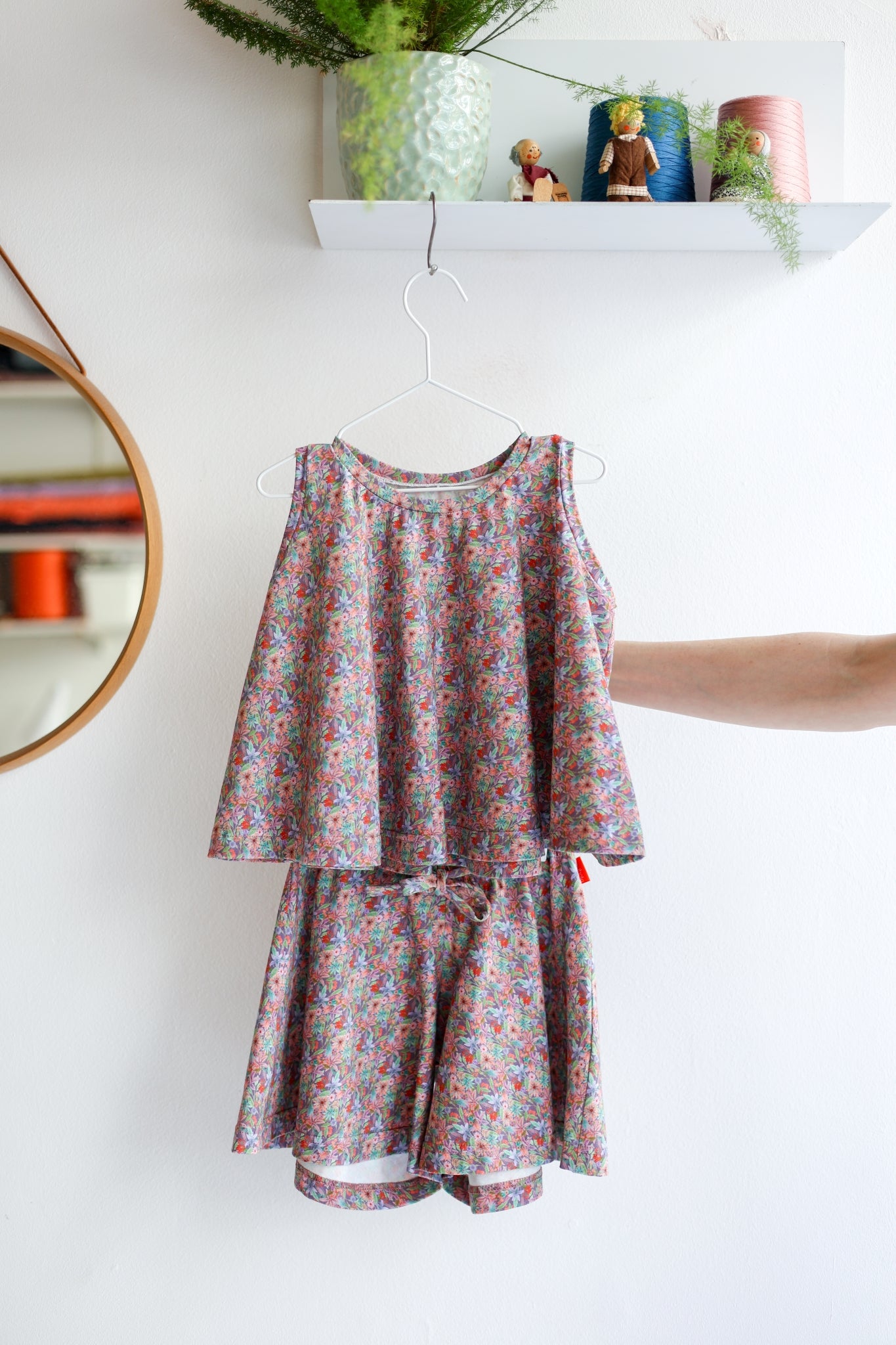 Organic cotton jersey kids extra flared tank top and shorts.
