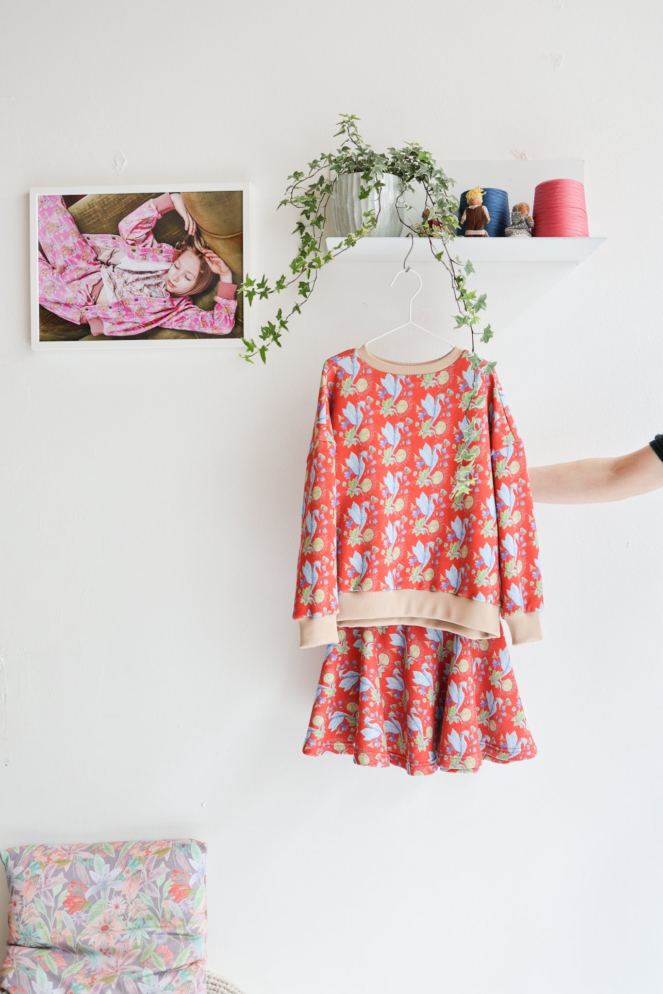 Kids organic cotton oversized sweatshirt and flared skirt.