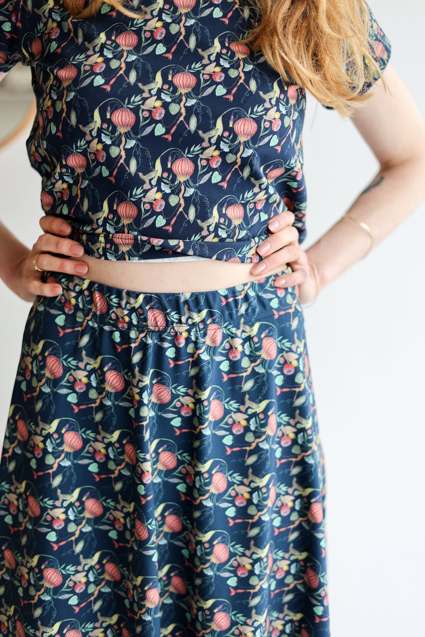 Women organic cotton stretch jersey flared long skirt.