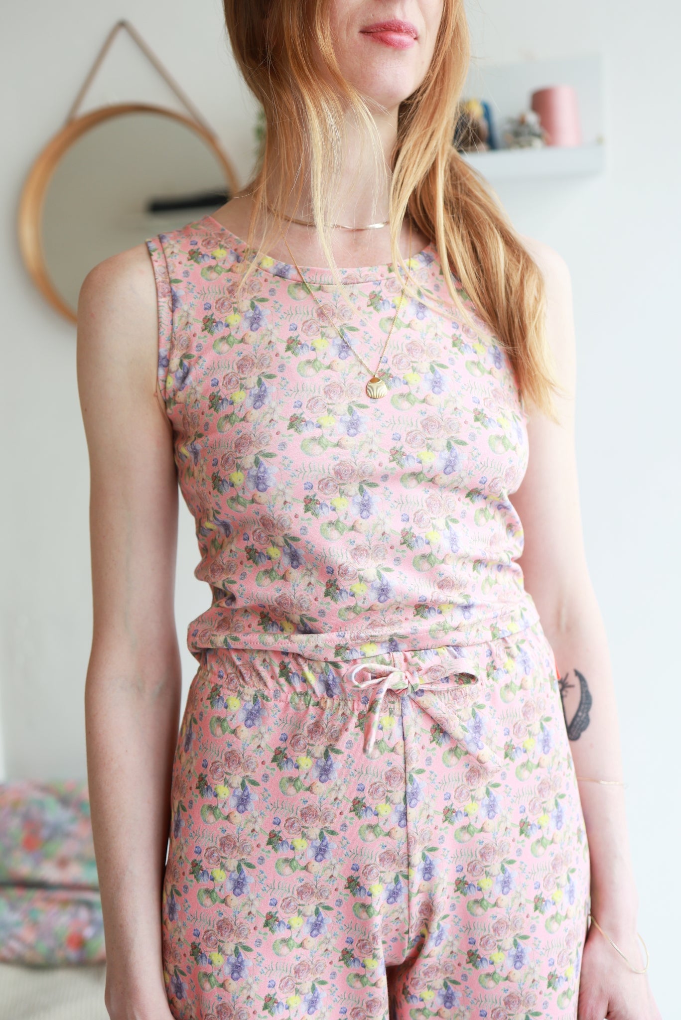 Women organic cotton stretch jersey  tank top and high waisted pants.