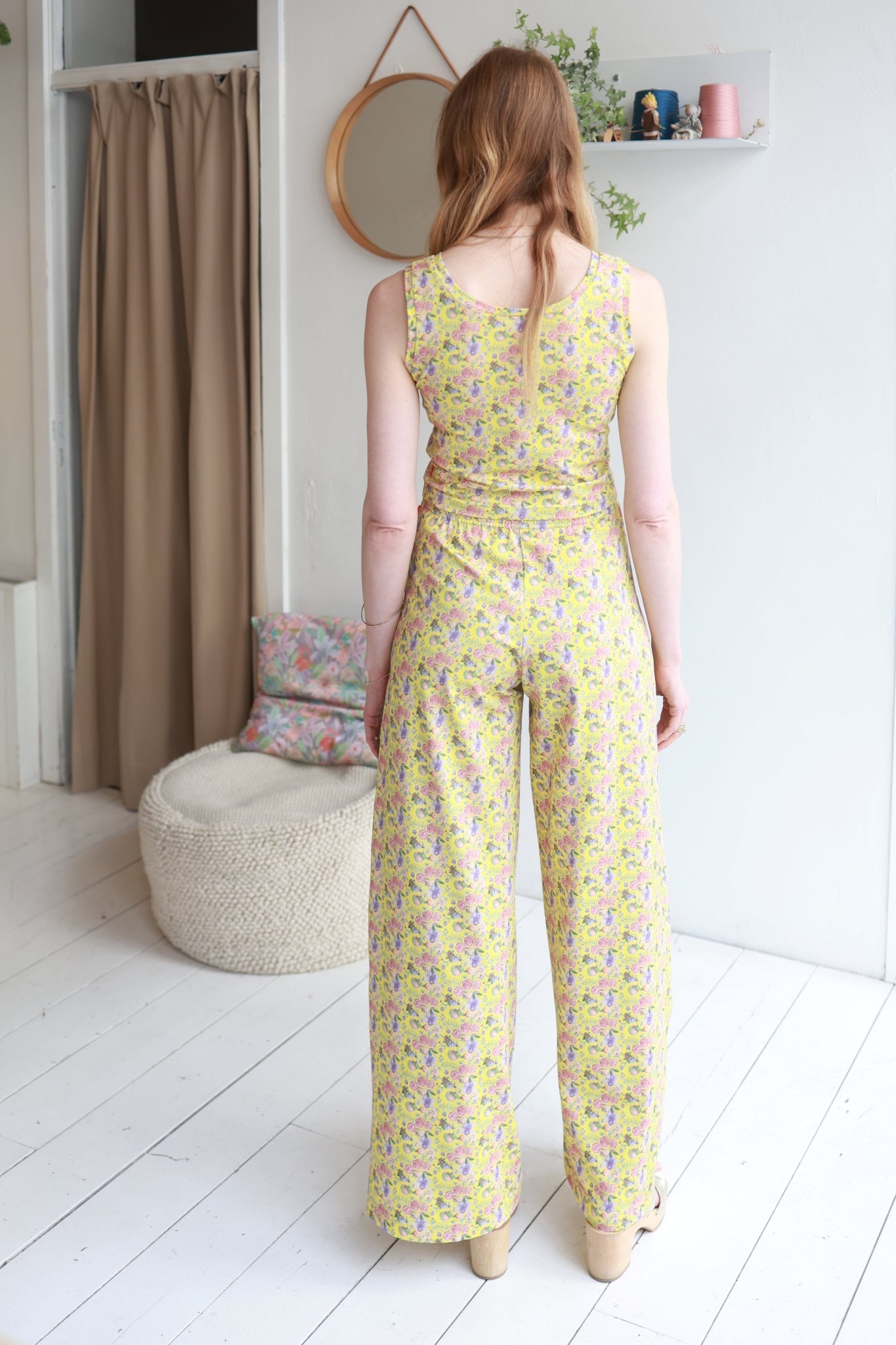 Women organic cotton stretch jersey mid crop tank top and high waisted pants.
