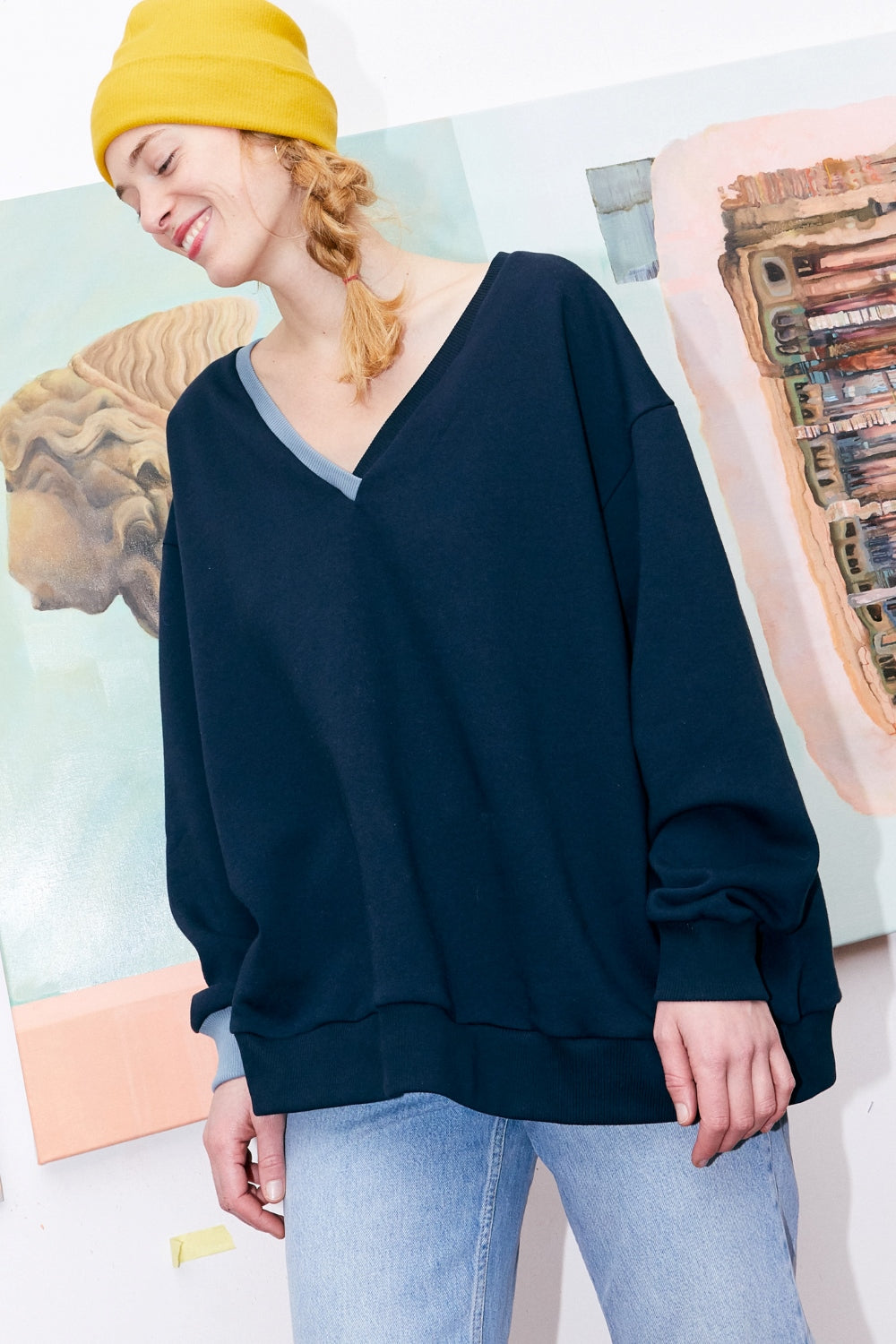 Women organic cotton v-neck oversized sweatshirt.